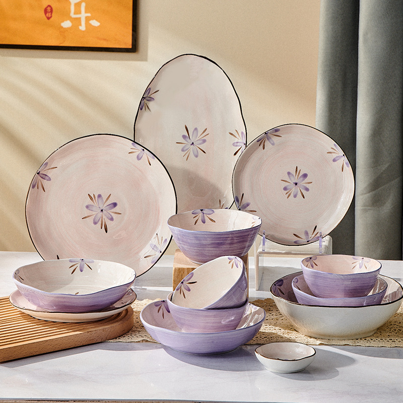Bộ bát đĩa sứ hoa tím decor cao cấp sang trọng GOSUMI HT001