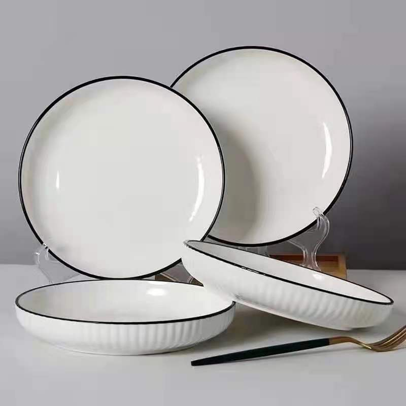 Bộ bát đĩa sứ ăn cơm gia đình trắng viền đen đẹp sang trọng GOSUMI TĐ01
