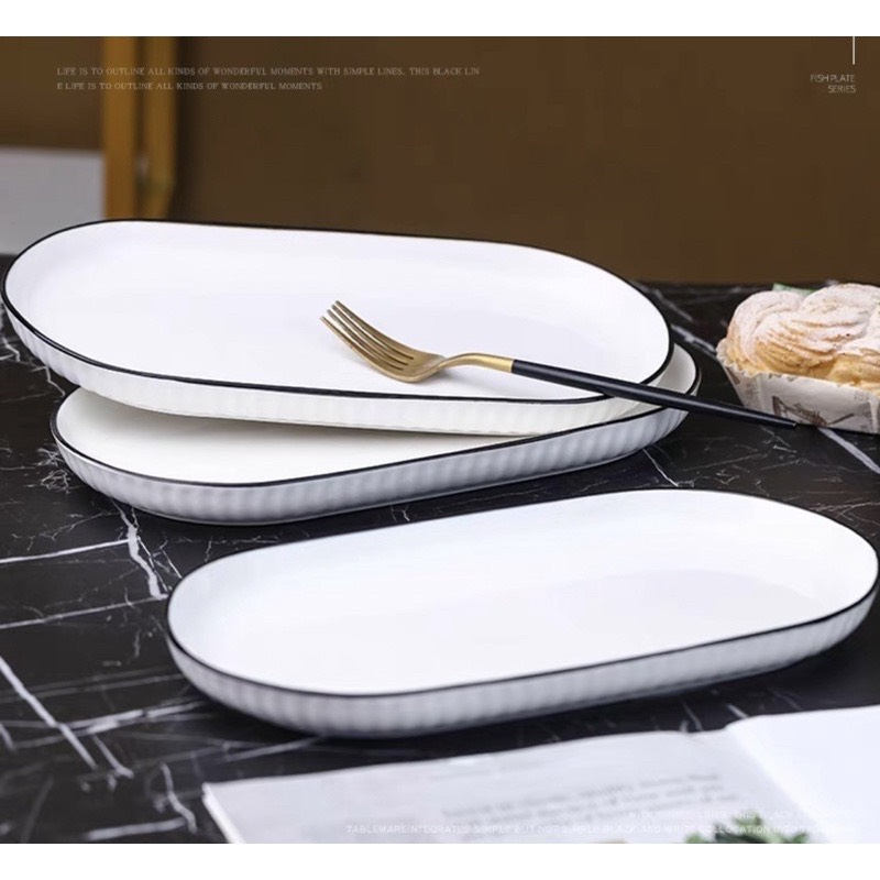 Bộ bát đĩa sứ ăn cơm gia đình trắng viền đen đẹp sang trọng GOSUMI TĐ01