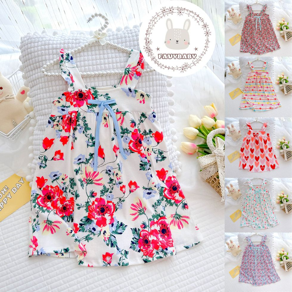 Váy Đầm Dây Xoè Cotton Borip MINKY MOM Chính Hãng Hoa Văn Đủ Màu Xinh Xắn Cho Bé Gái 0 1 2 3 4 5 Tuổi - Favybaby