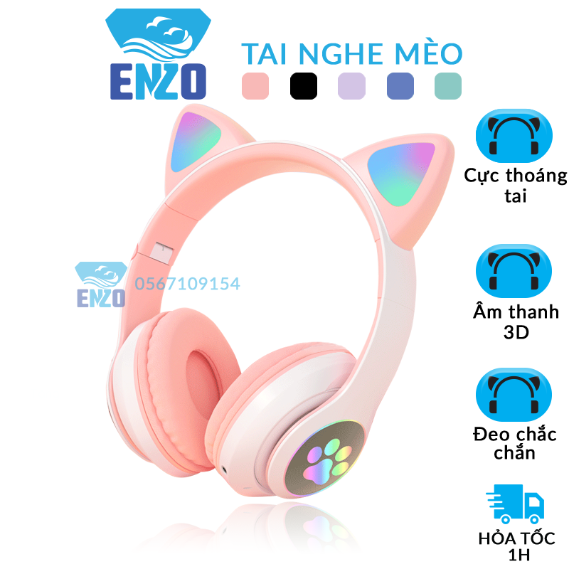 Tai Nghe Mèo Bluetooth, Tai Nghe Máy Tính Không Dây Chụp Tai Có Mic Chơi Game, Headphone Bluetooth Âm Bass Ấm Có Đèn Led