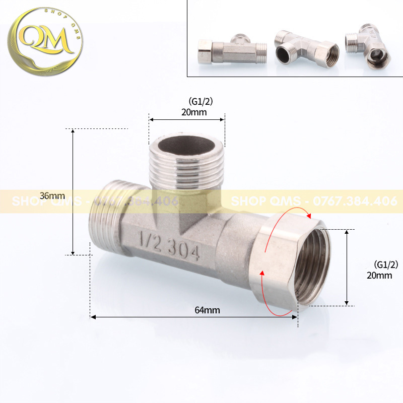 Van T, Van Cầu Động, van chia nước 2 ngã Inox SUS 304 cao cấp chống gỉ - Ren Phi 21 (1/2)
