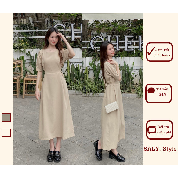 Váy suông cổ tròn 2 lớp chất đũi sần buộc nơ eo Saly _VayA951_P2K7