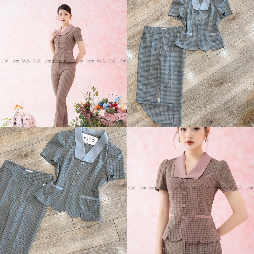 SET BỘ CÔNG SỞ CỔ VEST TAY NGẮN, HỌA TIẾT KẺ THIẾT KẾ CAO CẤP CREME SB3010