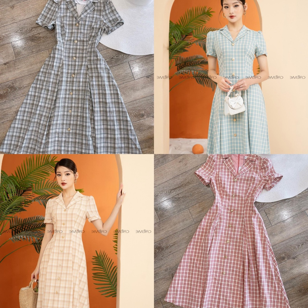 ĐẦM LIỀN CÔNG SỞ CỔ VEST TAY NGẮN, HỌA TIẾT KẺ, DÁNG XÒE THIẾT KẾ CAO CẤP CREME DL3040