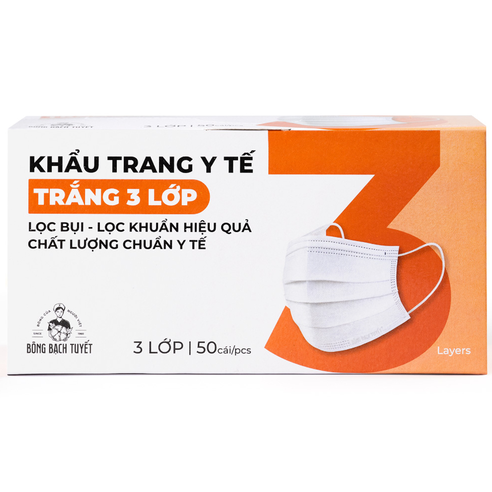 Khẩu trang Bông Bạch Tuyết 3 lớp trắng 50 cái/hộp