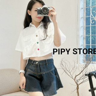 Áo sơ mi croptop nữ tay ngắn form rộng nút mix nhiều màu LACA STORE C3-2, crt somi có túi form to ulazzang trẻ trung