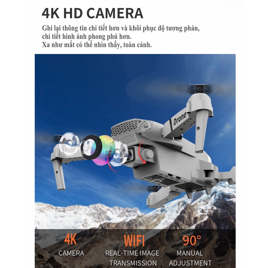 Flycam E88 pin 1800mah,máy bay điều khiển từ xa 4 cánh camera 4k siêu