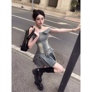 [ORDER+ẢNH THẬT] Đầm jean denim bẻ vai kèm belt và dây choker cổ dáng xoè xếp ly Ulzzang hot trend cá tính siêu xinh 