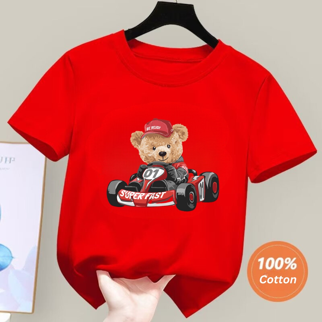 Áo thun cộc tay cho bé trai bé gái BEDDEP KIDS CLOTHES hình Gấu lái xe đáng yêu từ 10-30kg hàng chính hãng