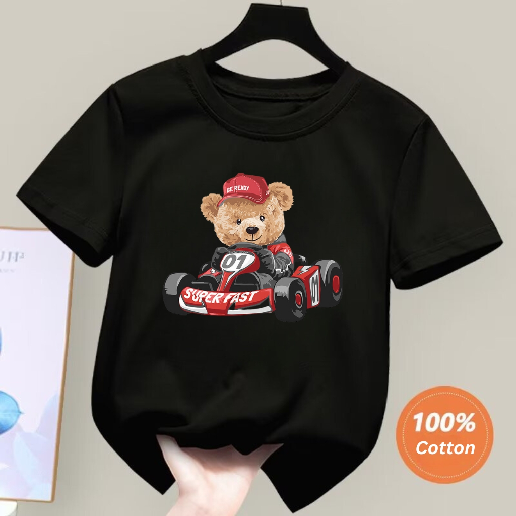 Áo thun cộc tay cho bé trai bé gái BEDDEP KIDS CLOTHES hình Gấu lái xe đáng yêu từ 10-30kg hàng chính hãng