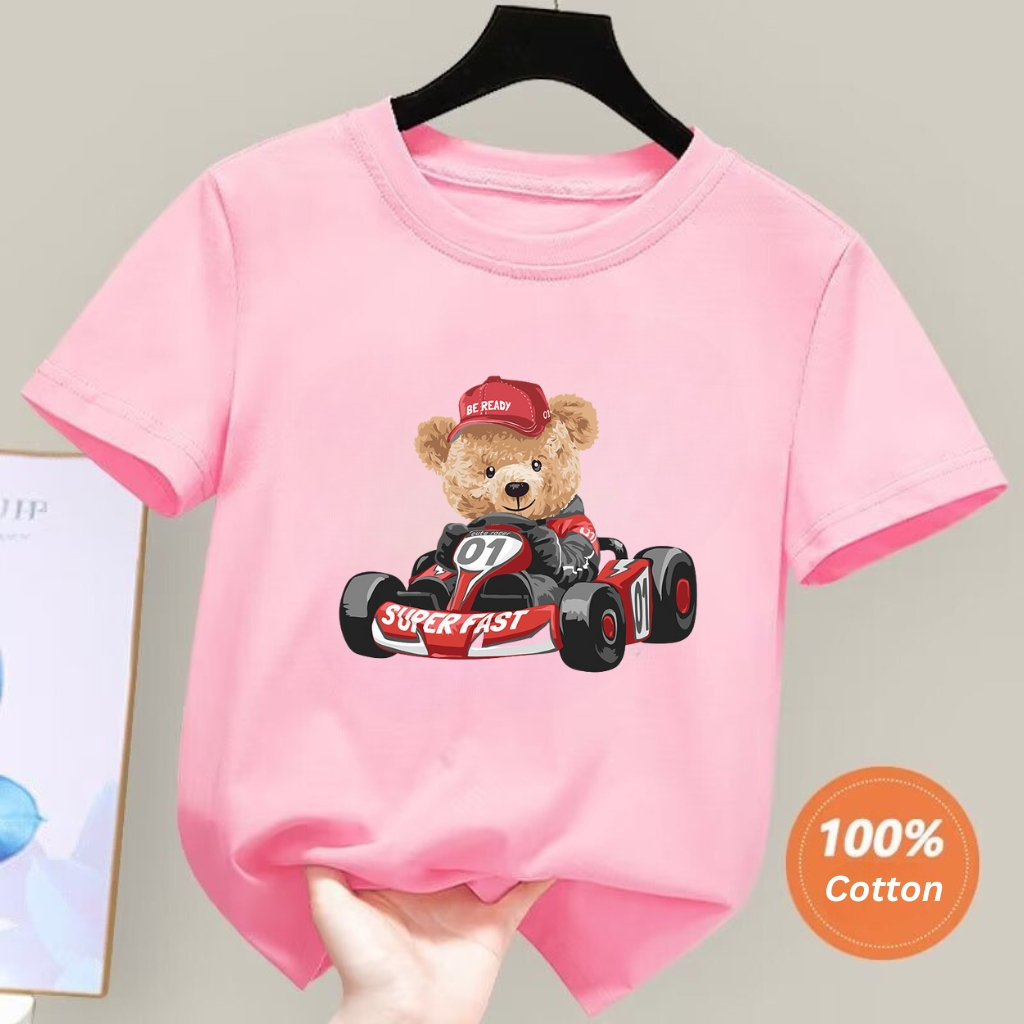 Áo thun cộc tay cho bé trai bé gái BEDDEP KIDS CLOTHES hình Gấu lái xe đáng yêu từ 10-30kg hàng chính hãng