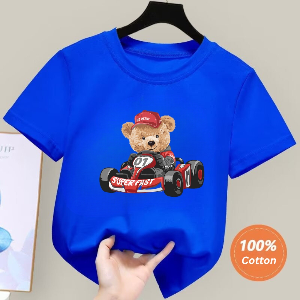 Áo thun cộc tay cho bé trai bé gái BEDDEP KIDS CLOTHES hình Gấu lái xe đáng yêu từ 10-30kg hàng chính hãng