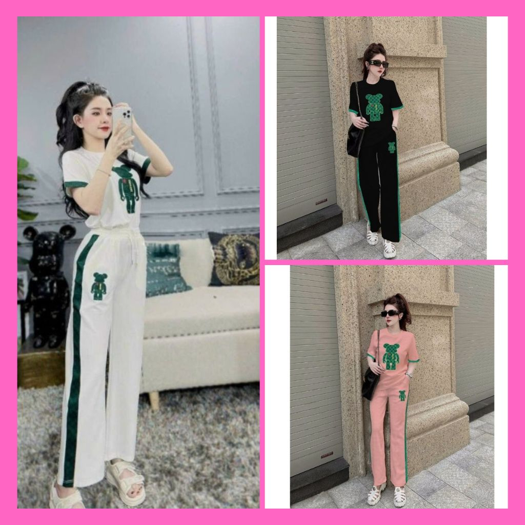 Set Thun Thể Thao Nữ, Bộ Măc Nhà Nữ Bigsize Áo Tay Lỡ Cố Tròn Phối Quần Suông Ống Rộng Thêu Gấu Năng Động