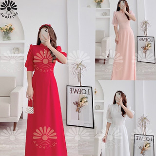 Áo dài lụa Tây thi 3 màu đỏ, trắng, hồng đính hạt ngọc trai, tay von lỡ trẻ trung