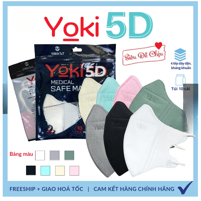 Thùng 30 Túi (300 Cái) Khẩu Trang 5D Yoki 4 Lớp Cao Cấp Dày Chuẩn Form