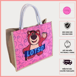 Túi quai xách gấu lotso - túi vải cói gấu dâu đi biển, đi chơi