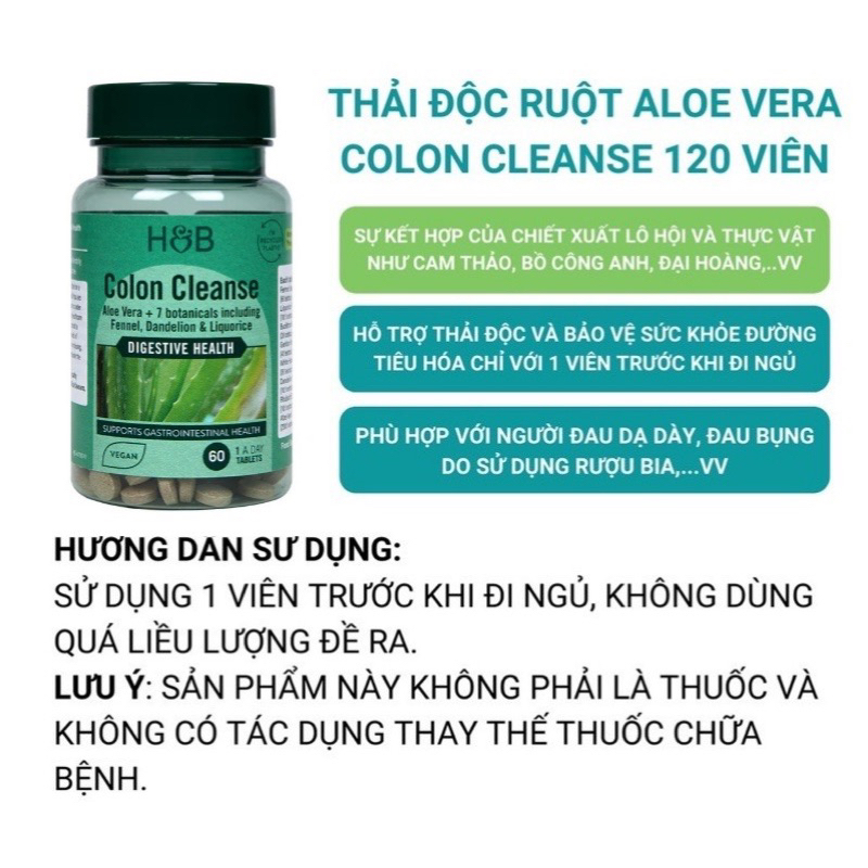 Viên uống thải độc ruột , đại tràng Holland & Barrett Aloe Vera Colon Cleanse 120 viên