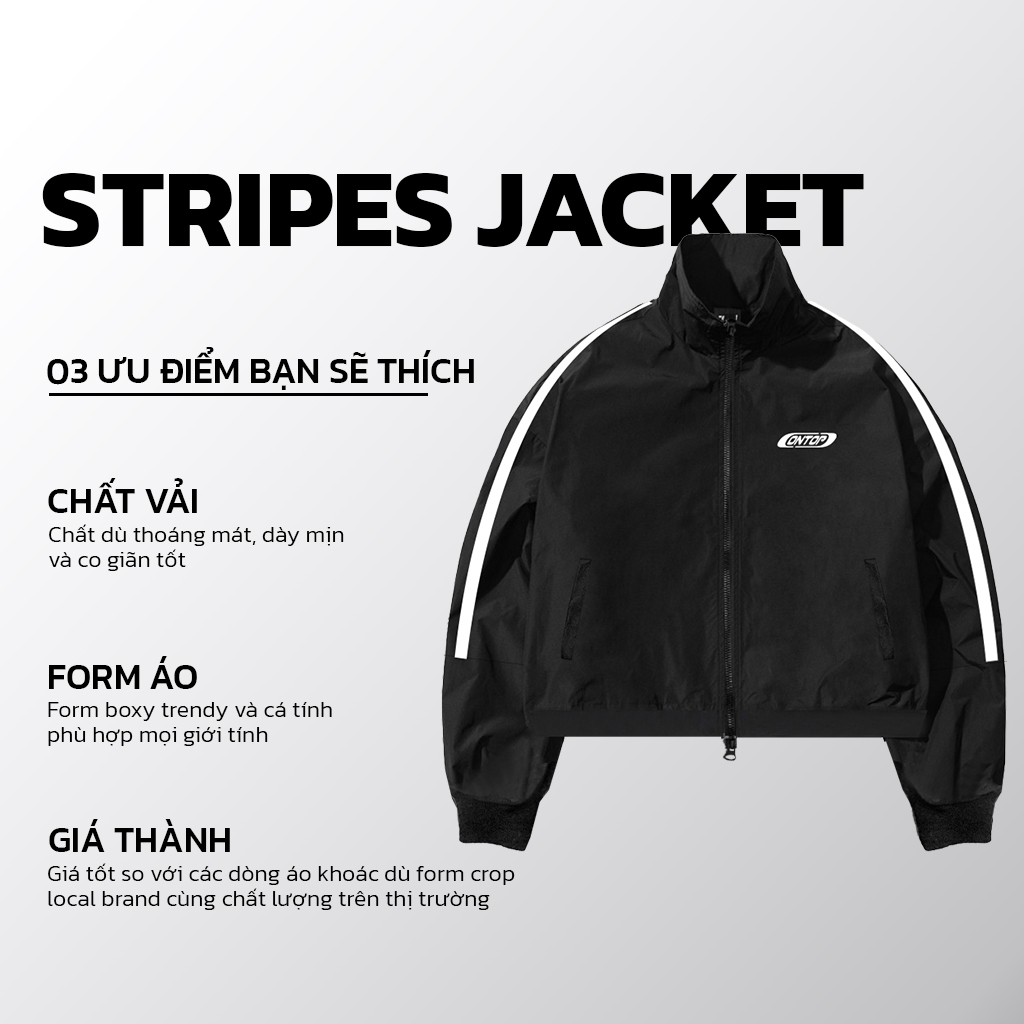 Áo khoác dù nam nữ ONTOP viền tay trắng form boxy màu đen 2 đầu kéo cổ trụ local brand Stripes | O22-AK3