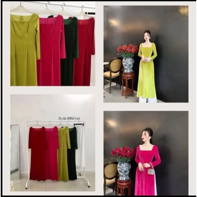 Áo dài Cách tân thiết kế cổ vuông tay dài chất liệu vải nhung _ ANNA