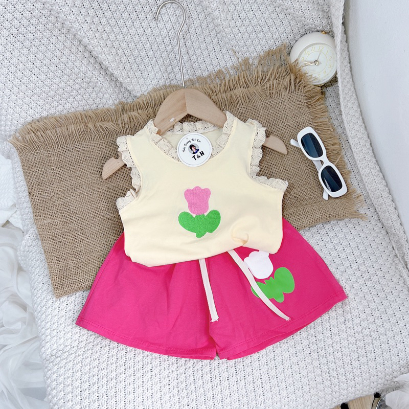 BG378- BỘ ÁO COTTON THÊU HOA TUYLIP BÉ GÁI