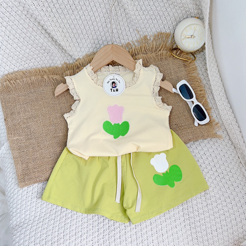 BG378- BỘ ÁO COTTON THÊU HOA TUYLIP BÉ GÁI