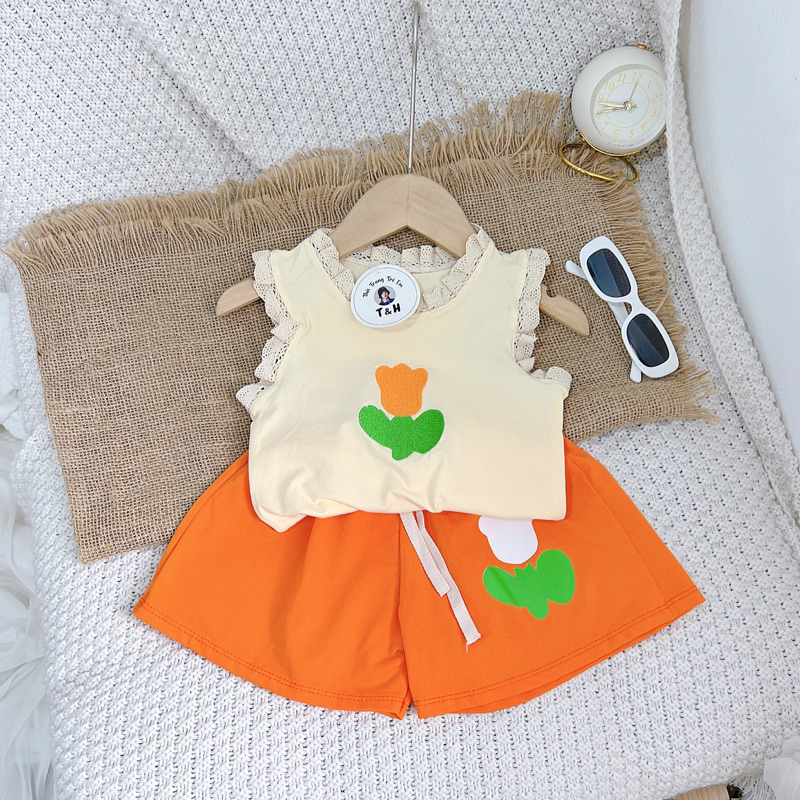 BG378- BỘ ÁO COTTON THÊU HOA TUYLIP BÉ GÁI