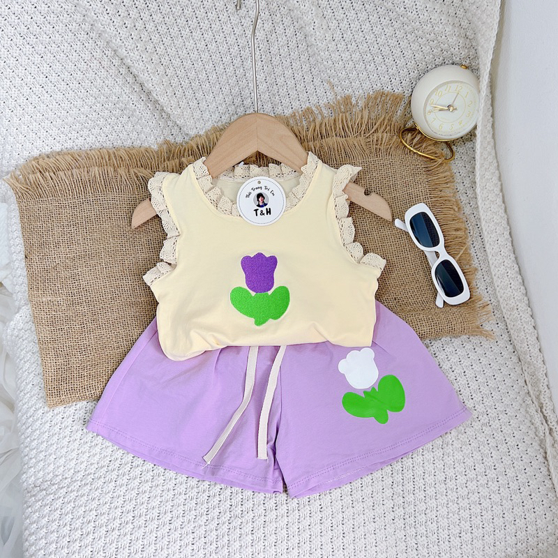 BG378- BỘ ÁO COTTON THÊU HOA TUYLIP BÉ GÁI