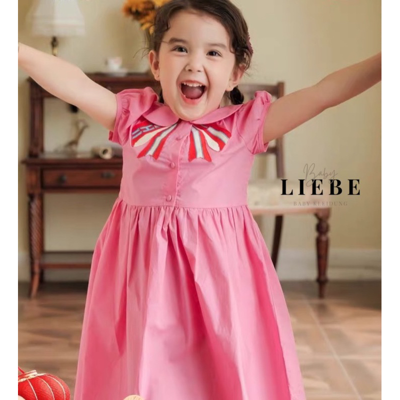 HTK- Váy hồng cổ sen thêu nơ Liebe size 1/2y-8/9y