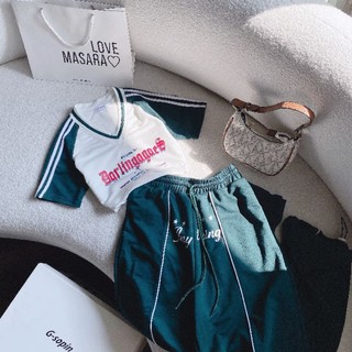 16244 SET CROP PULL CHỮ CỔ TIM + JOGGER XANH