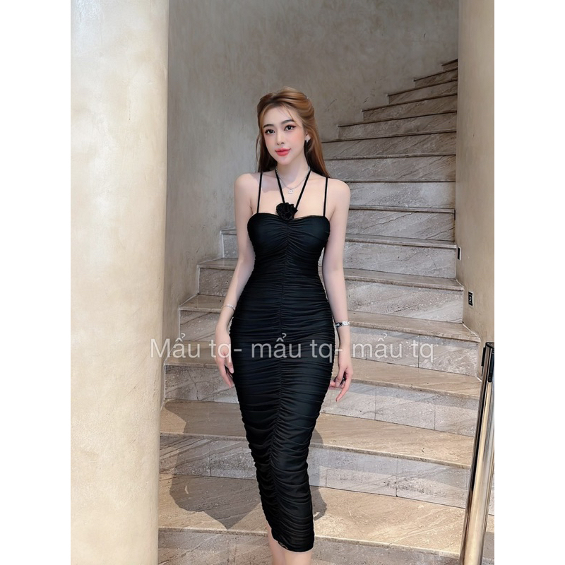 Váy body lưới dáng dài nhún thân đính hoa ngực sang trọng