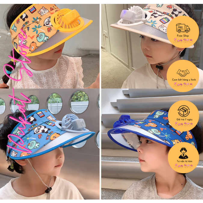 Mũ che nắng có quạt cho bé trai và bé gái PM02.1 mũ nửa đầu họa tiết và màu sắc dễ thương với quạt 3 tốc độ mát mẻ