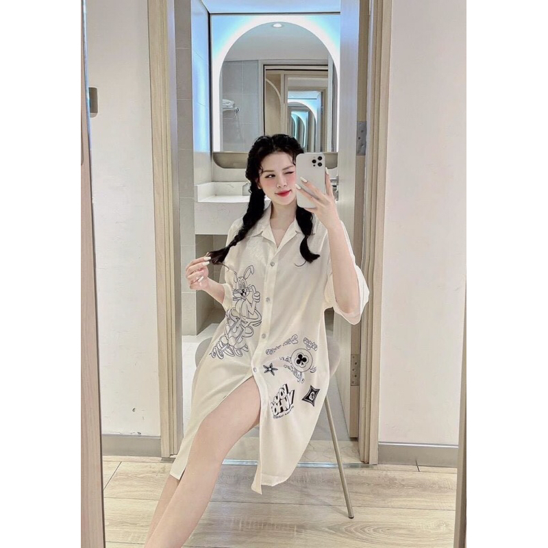 Váy ngủ sơ mi Hồng baby tay dài lụa satin cao cấp quảng châu