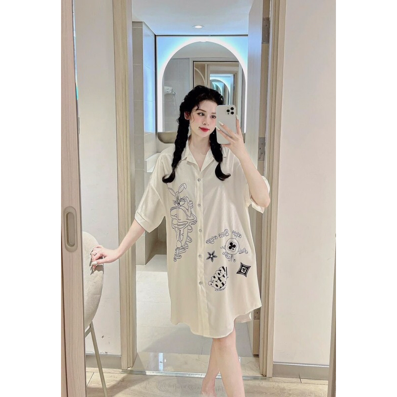 Váy ngủ sơ mi Hồng baby tay dài lụa satin cao cấp quảng châu