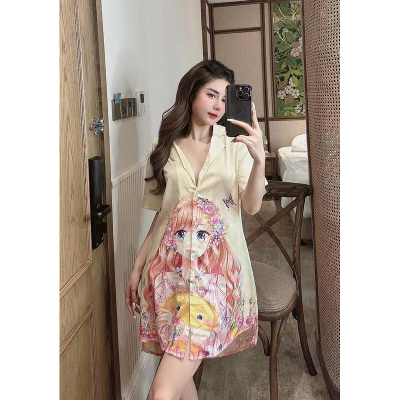 Váy ngủ sơ mi Hồng baby tay dài lụa satin cao cấp quảng châu