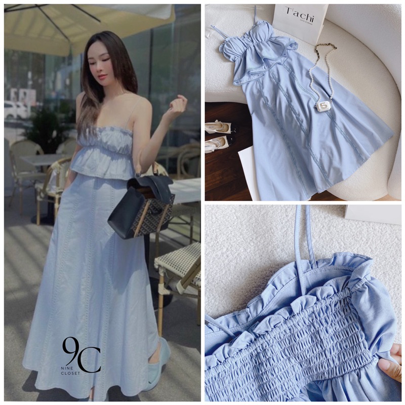 SET ÁO PEPLUM XANH 2s CHÂN VÁY MIDI