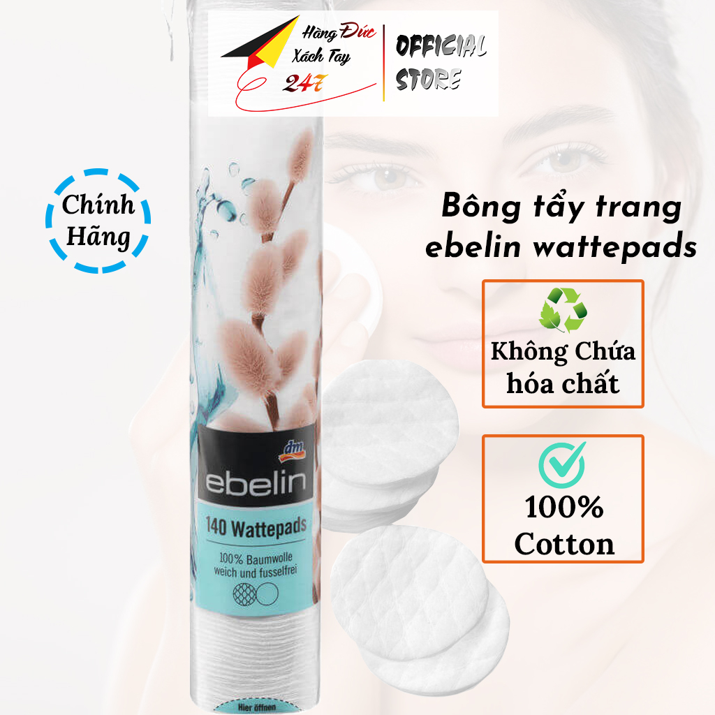 Bông tẩy trang cotton 100%, tay trang nhanh Ebelin Watterpads, mềm mịn tẩy nhanh make up 140 Miếng