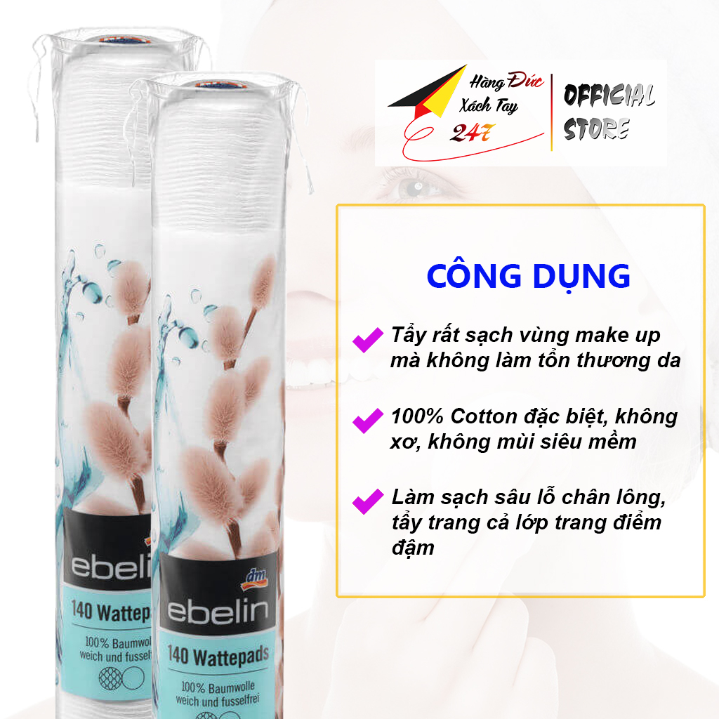 Bông tẩy trang cotton 100%, tay trang nhanh Ebelin Watterpads, mềm mịn tẩy nhanh make up 140 Miếng