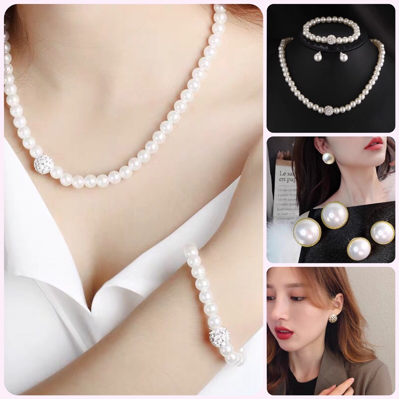 Vòng cổ khuyên tai mạ ngọc phối váy dạ hội concept chụp ảnh thời trang bằng nhựa abs có