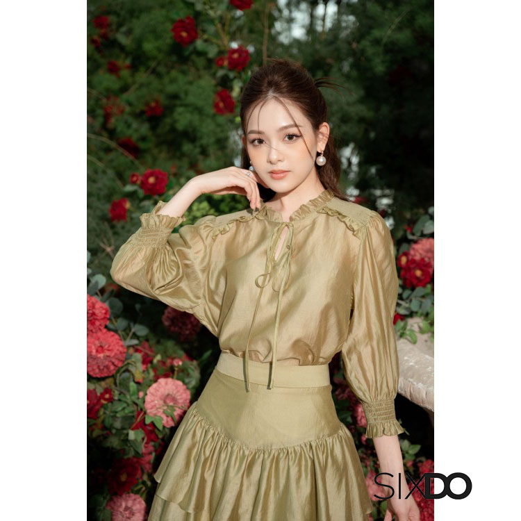 Áo sơ mi voan cổ bèo chun vai tay bồng SIXDO-Z (Z-Green Nuggets Ascot Collar Top)