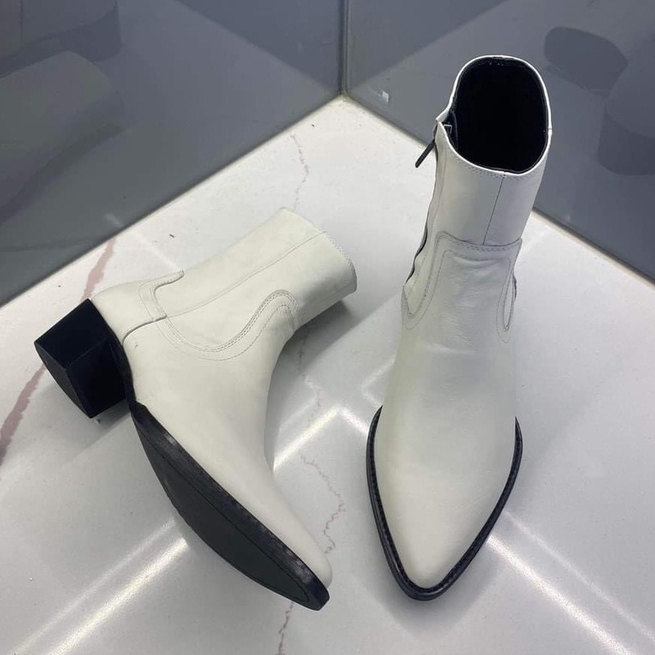 zip lukas boot mũi nhọn trắng phối đen, da bò đế phíp gỗ