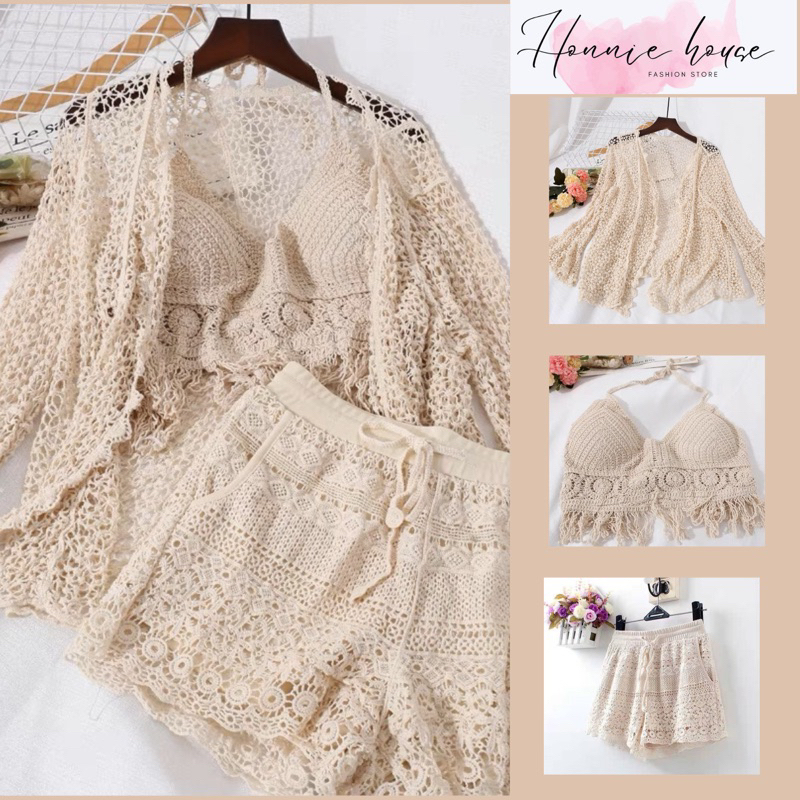 Ren 15-set biển 3 món - bra hoa tròn tua rua + quần ren hoạ tiết đồng xu + choàng ren hạt gạo tay loe (có tách rời)