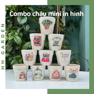Combo 10 chậu gốm trồng cây sen đá, xương rồng, cây cảnh mini để bàn in hình siêu xinh