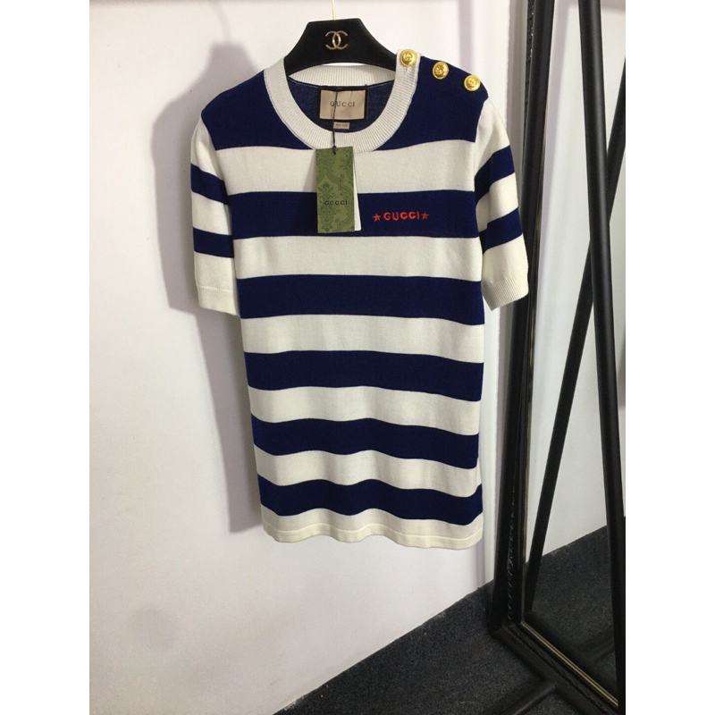 Đầm len ngắn tay cổ tròn kẻ sọc 2 màu GC Gucci cao cấp