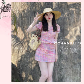 Set áo hồng đũi xốp cổ vuông phối chân váy a