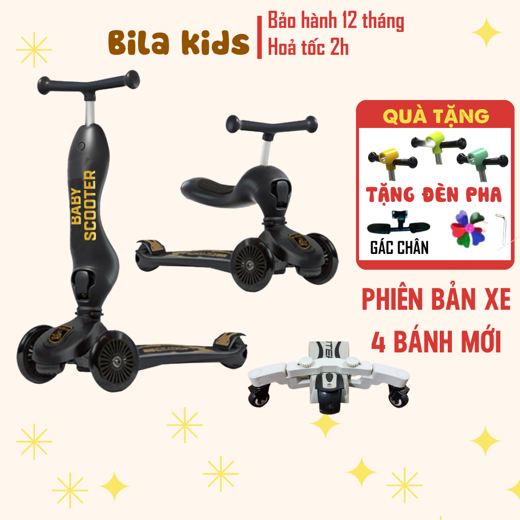 Xe chòi chân Scooter cho bé Từ 1-8 Tuổi trượt,  scoot and ride, có tay đẩy và đai vòng bảo vệ BILA KIDS