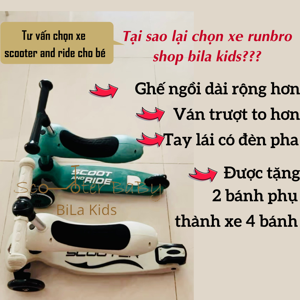 Xe chòi chân Scooter cho bé Từ 1-8 Tuổi trượt,  scoot and ride, có tay đẩy và đai vòng bảo vệ BILA KIDS