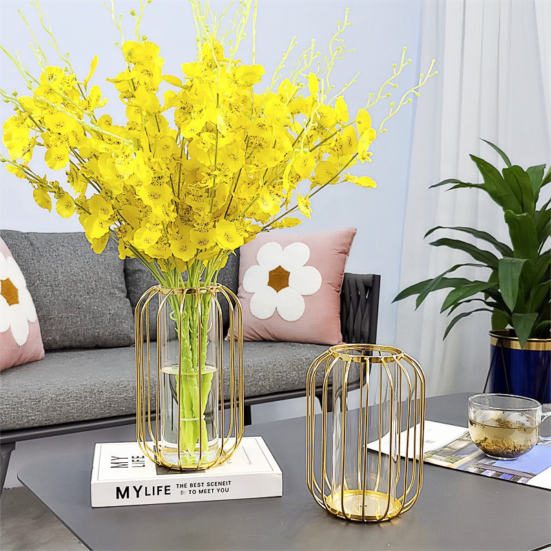 Lọ hoa thuỷ tinh khung kim loại mạ vàng trang trí phòng khách cao 20 cm
