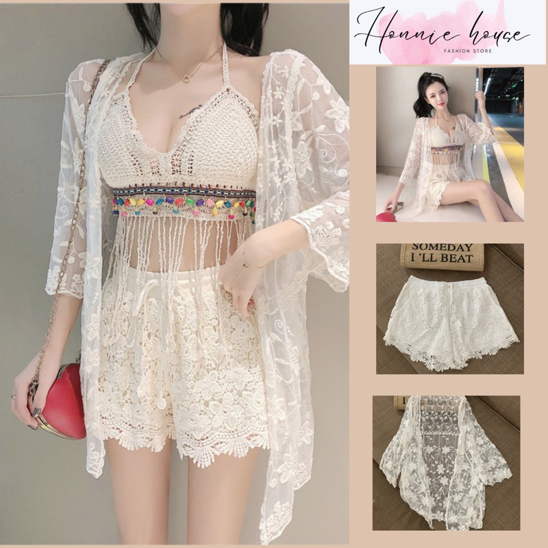 Ren 23- Set bộ bơi ren đi biển- 3 món - áo bra tua rua dài - quần ren - choàng hoa nhỏ
