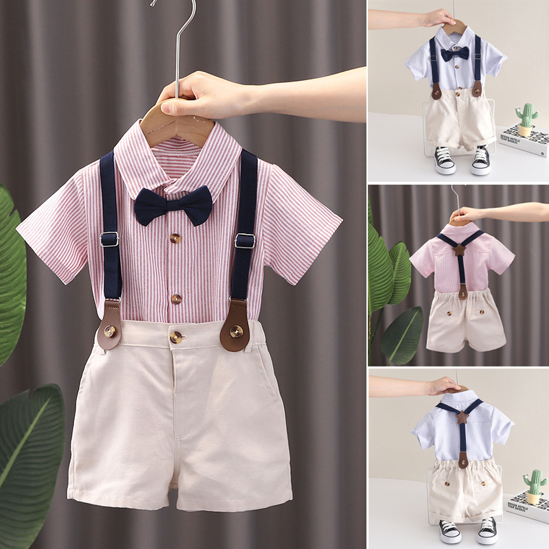 áo sơ mi ngắn tay, quần short yếm kèm nơ chất vải thoáng mát, Kén Kids (DK26)